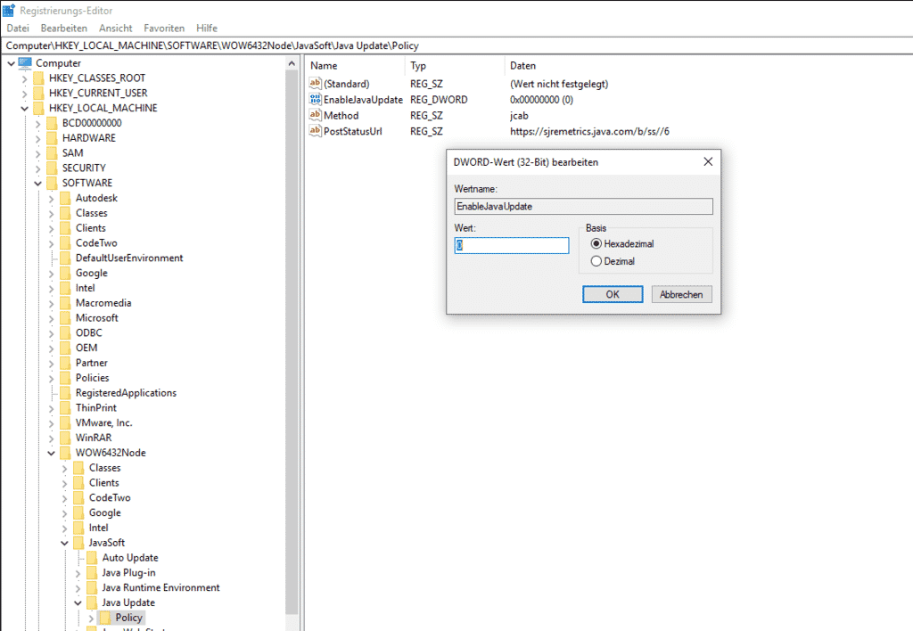 java update deaktivieren registry