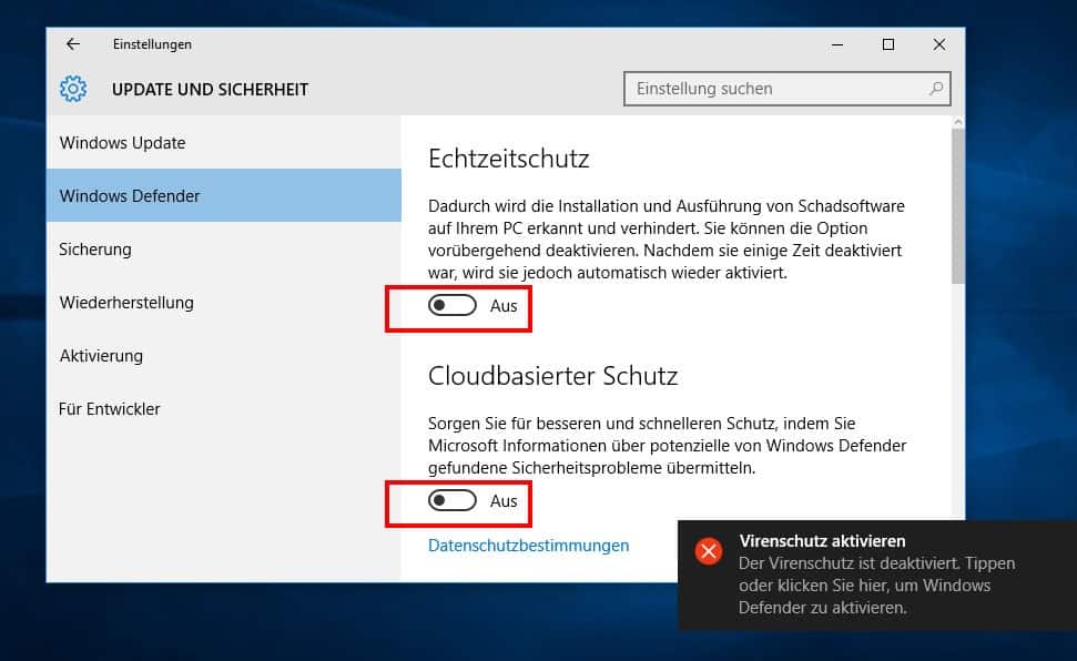 disable windows defender enable windows 10 settings