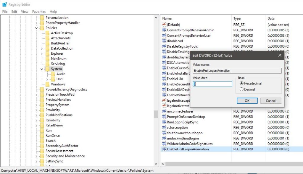 Windows Animation logon registry