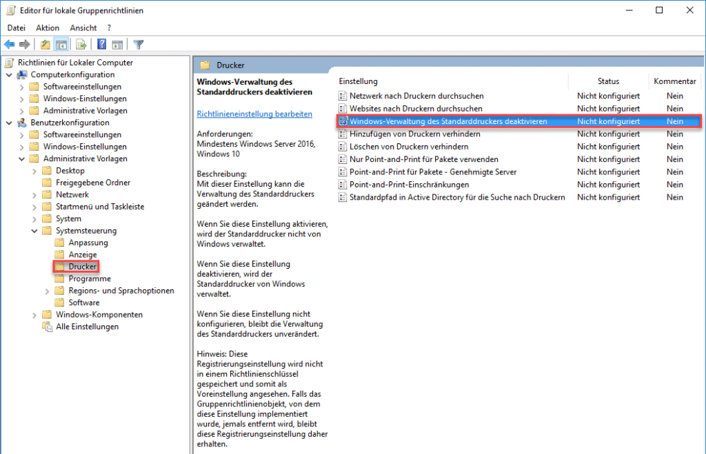 Standarddrucker von Windows verwalten lassen gruppenrichtlinie