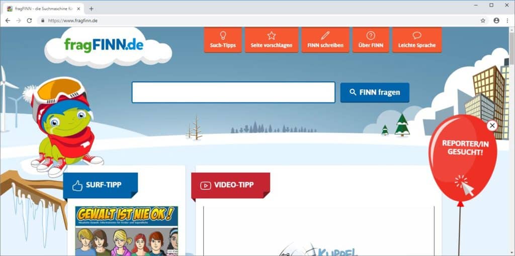 Suchmaschine für Kinder fragFinn.de
