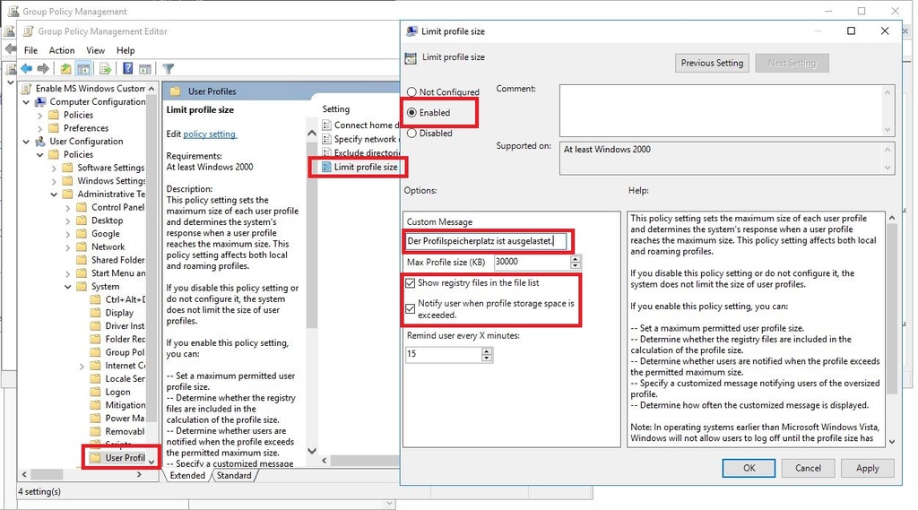 Benutzerprofil beschränken Gruppenrichtlinie GPO