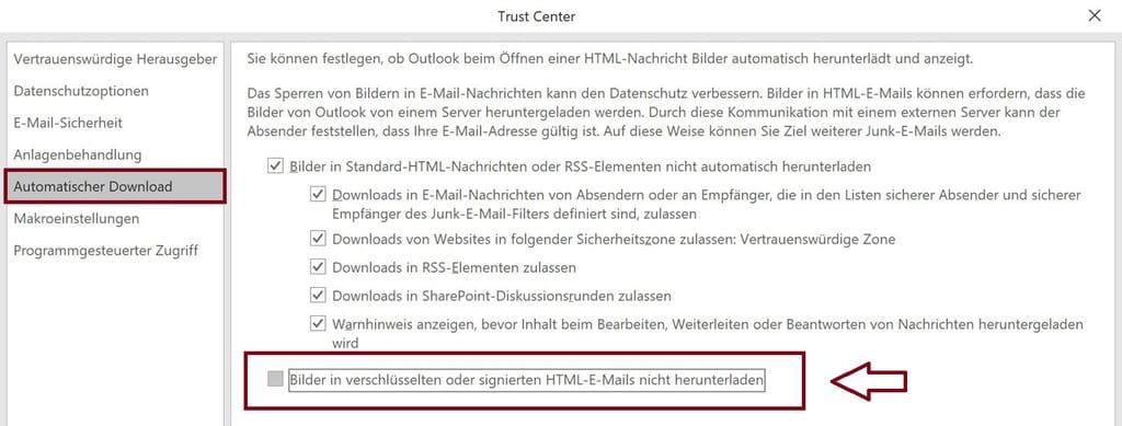 Externer Inhalt ist in sicheren Mails nicht zulässig trust center