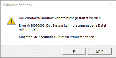 Windows Sandbox Fehler Error 0x80070002