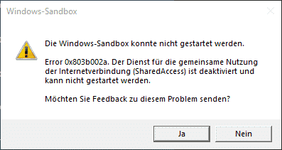 Windows Sandbox Fehler Error 0x803b002a