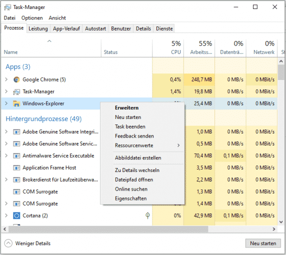 Windows Explorer neu starten in Windows 10