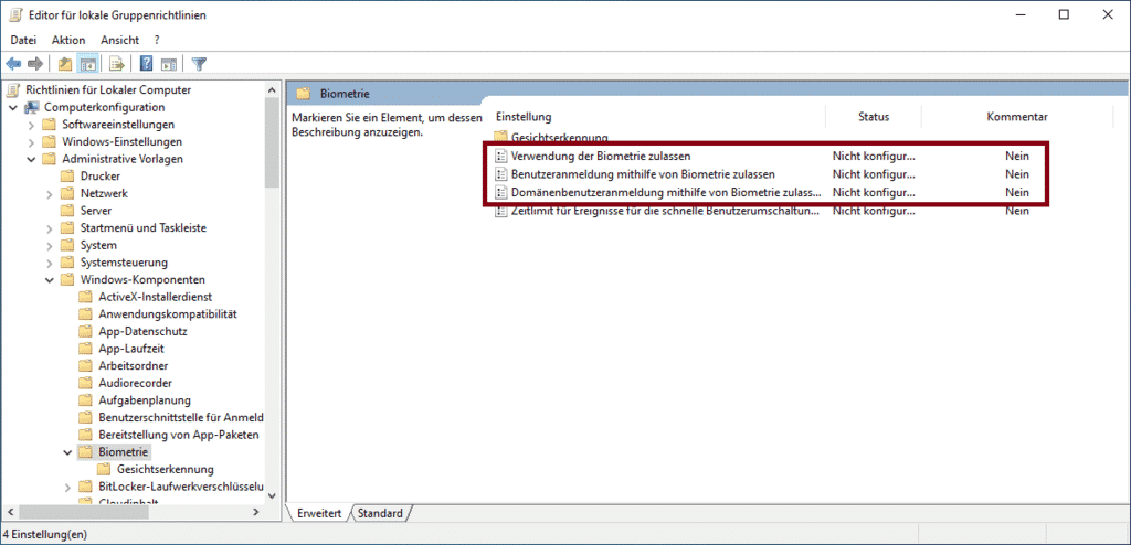 Biometrischen Login Windows Gruppenrichtlinie GPO