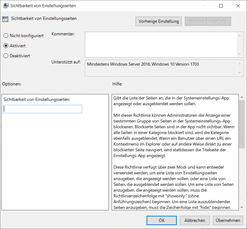 Sichtbarkeit von Einstellungsseiten Einstellungen blockieren