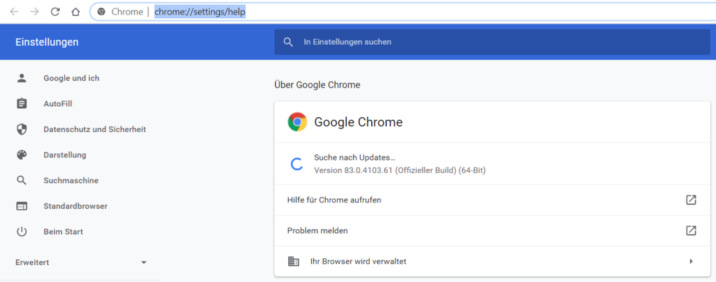 Über Google Chrome Update Einstellungen