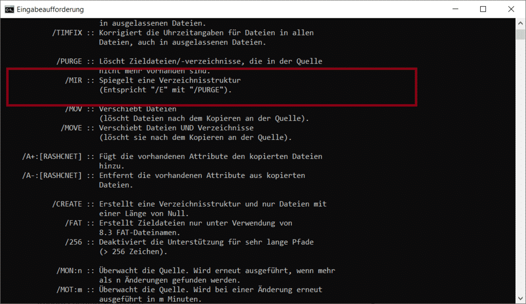 Robocopy MIR Backup erstellen Verzeichnis spiegeln