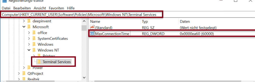 RDP MaxConnectionTime Registry