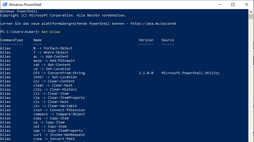 PowerShell Alias Liste mit Get-Alias