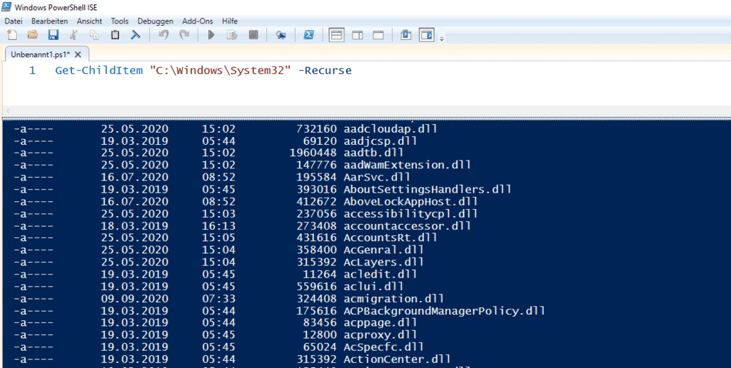 Inhalt von System32 auflisten auslesen PowerShell