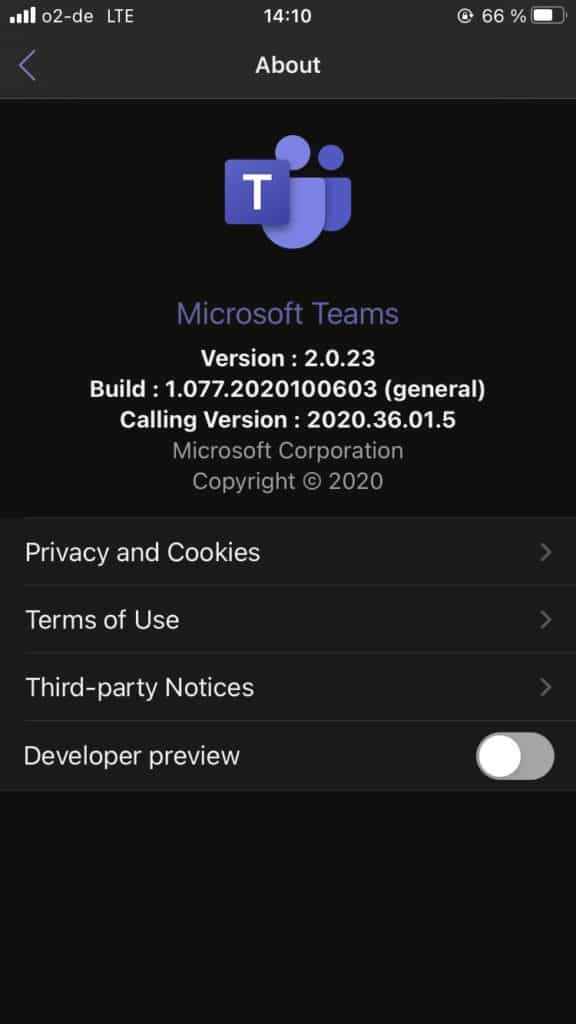 Teams Version Informationen iOS Android App