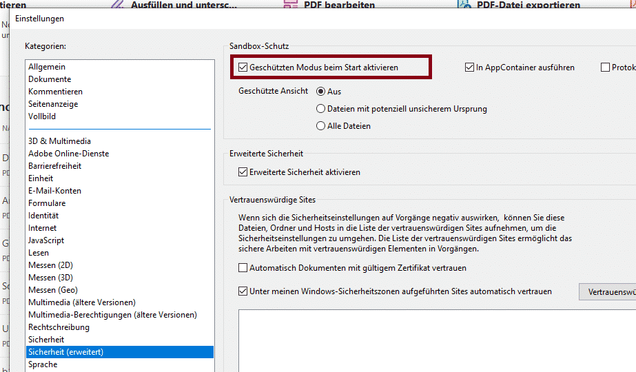Adobe Reader Geschützten Modus beim Start aktivieren