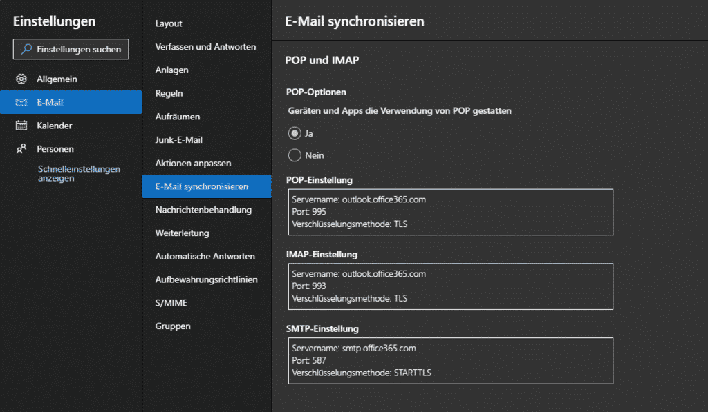 Office 365 POP IMAP SMTP