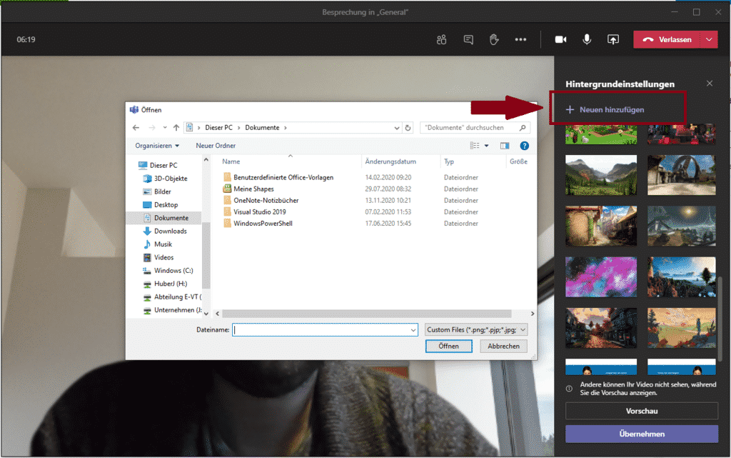 Teams Hintergrundeinstellungen neuen hinzufügen