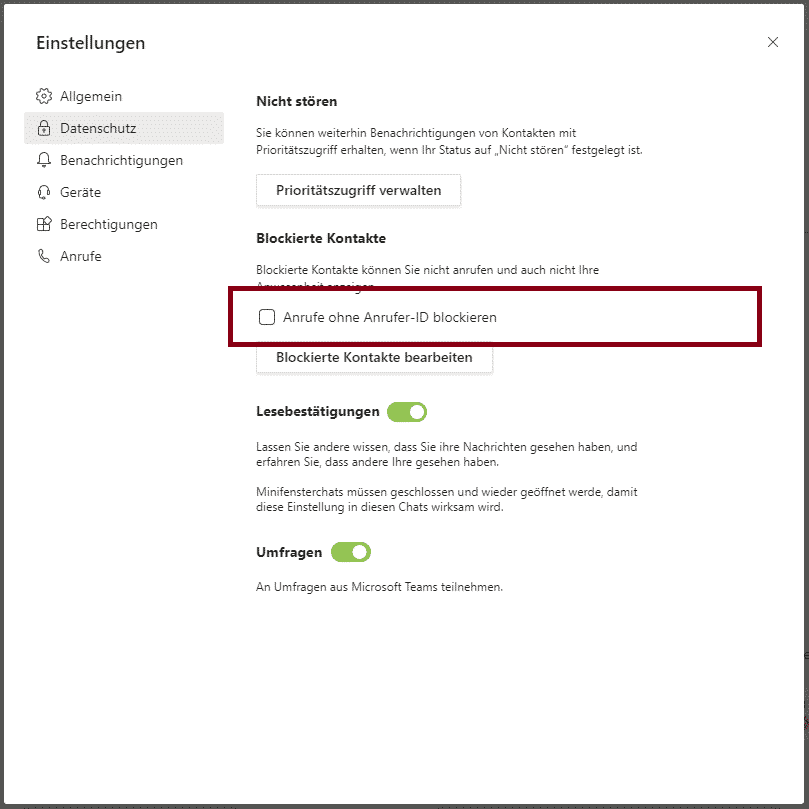 Teams Anrufe ohne Anrufer-ID blockieren