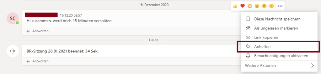 Teams Nachricht anheften