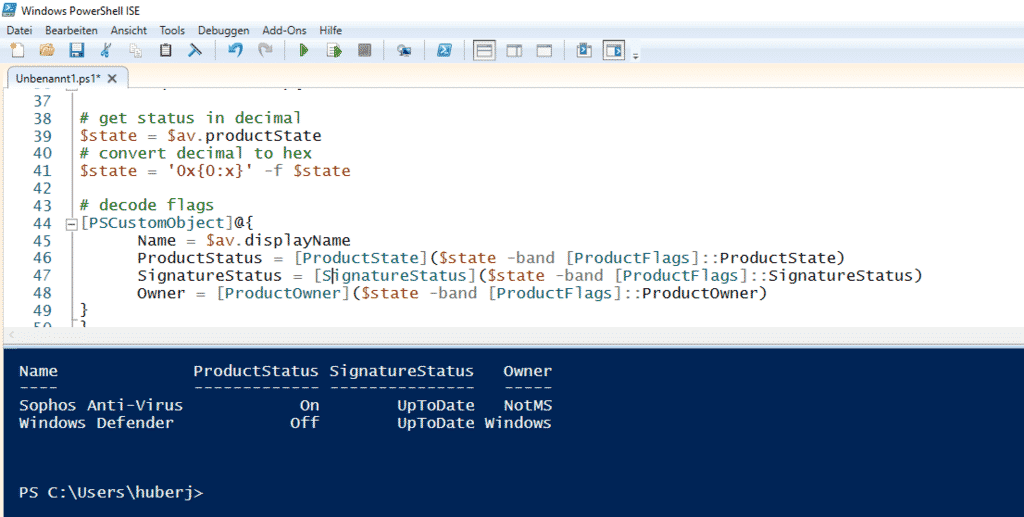 Antivirus Status auslesen PowerShell