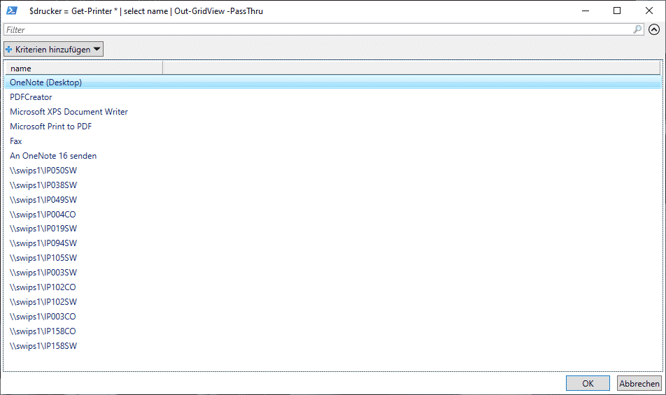 PowerShell Drucker wählen Out-GridView