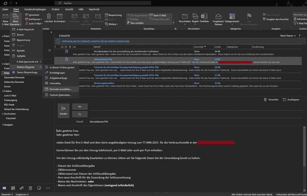 Outlook Elemente Formular auswählen...