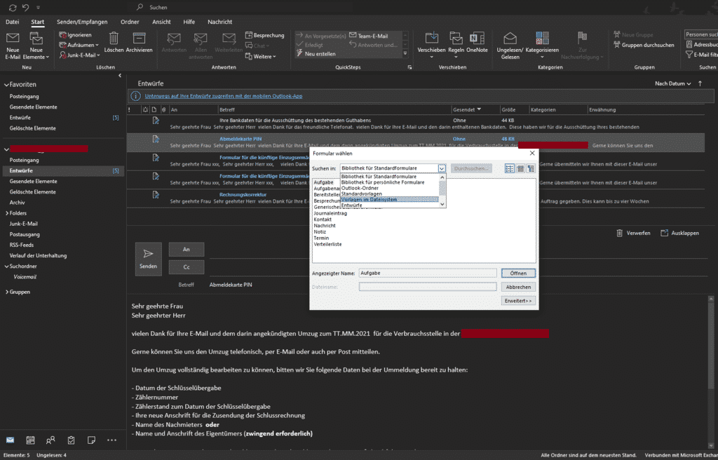 Outlook Vorlage öffnen