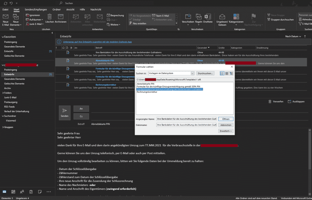 Outlook Vorlagen im Dateisystem