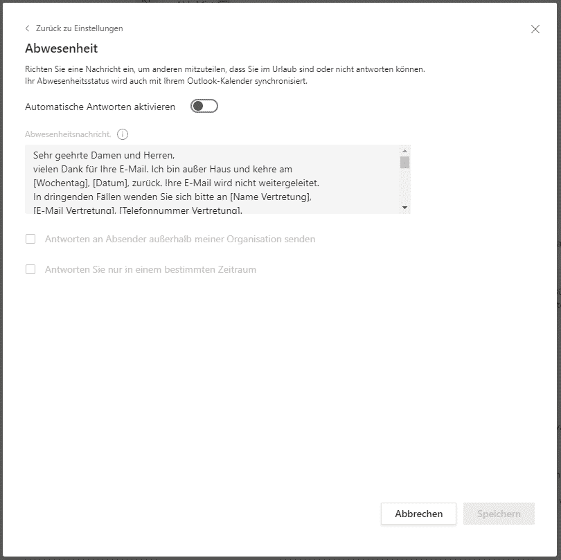 Teams Abwesenheit automatische Antworten