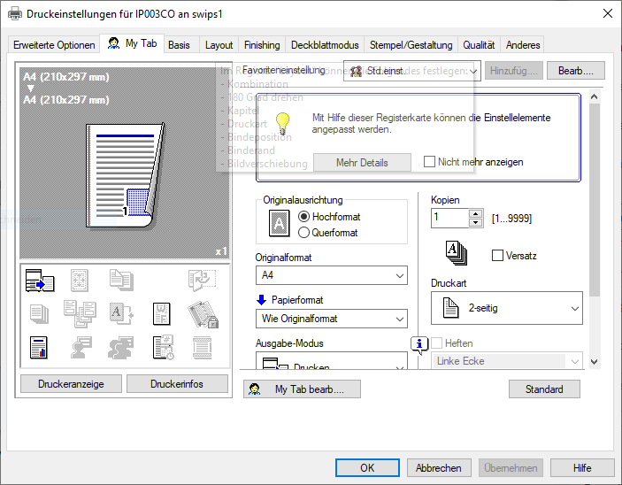 Drucker Einstellungen Duplex Papiergröße