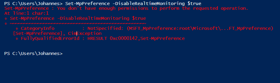 Set-MpPreference : You don't have enough permissions to perform the requested operation.