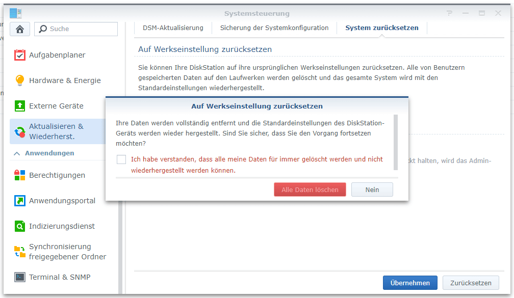 Synology Auf Werkseinstellung zurücksetzen