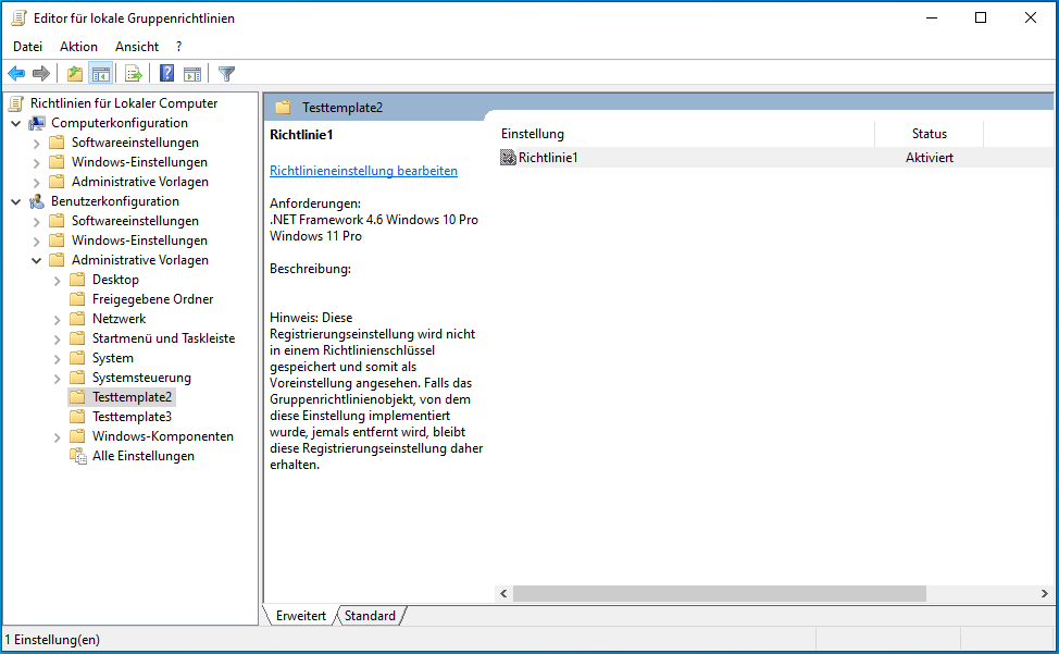 Diese Registrierungseinstellung wird nicht in einem Richtlinienschlüssel gespeichert und somit als Voreinstellung angesehen.