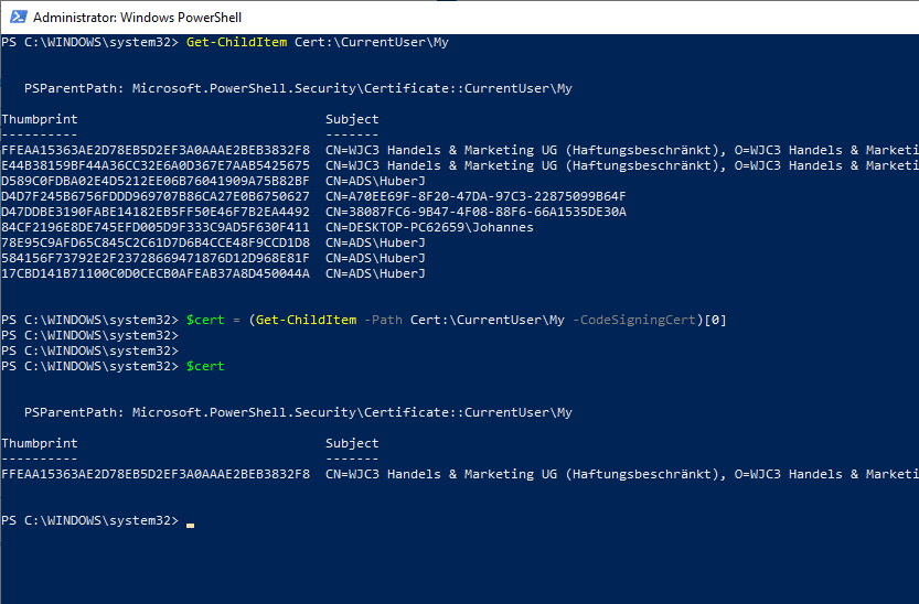 PowerShell Zertifikat in variable