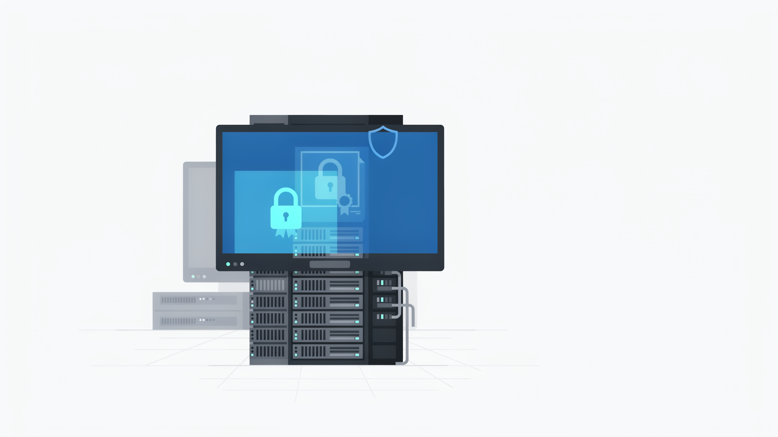 Digitales Zertifikat-Symbol auf Bildschirm in einem Serverraum